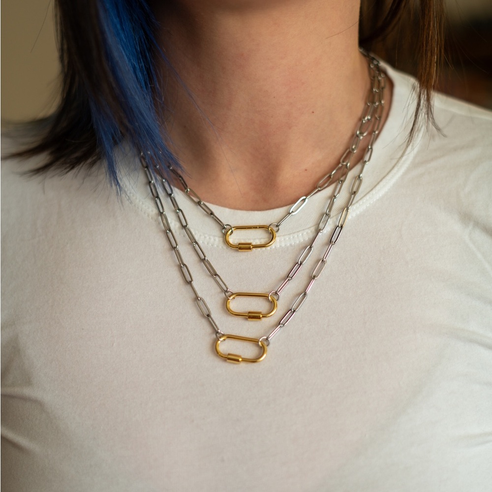 1x Mixed metal stainless steel paperclip chain carabiner necklace - 16” 18” 20”